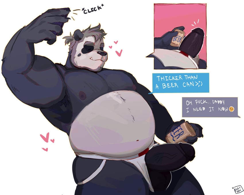 2023 absurd_res anthro balls bear belly black_body black_nose cellphone clothing clothing_aside english_text erection genitals giant_panda heart hi_res humanoid_genitalia humanoid_hands humanoid_penis jockstrap jockstrap_aside male mammal nipples overweight overweight_male penis phone ruslorc simple_background smartphone solo text underwear underwear_aside white_body