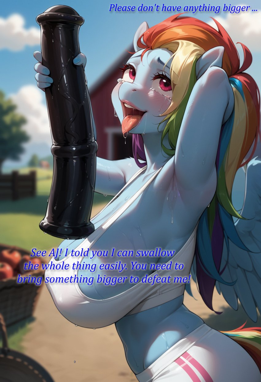 ai_assisted ai_generated anthro blue_skin dildo hand_behind_head holding_dildo holding_object huge_breasts huge_dildo midriff my_little_pony outside pink_lips rainbow_dash_(mlp) rainbow_hair red_eyes saliva side_view sports_bra sweat tears text thick_lips wings yoga_pants