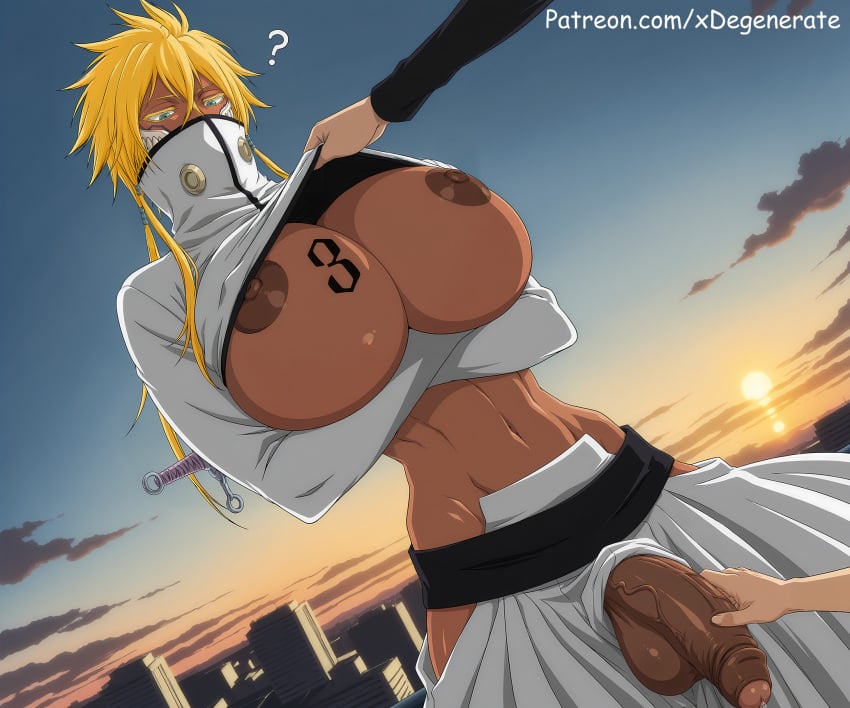 1futa 2boys ai ai_art ai_assisted ai_generated arrancar bleach blonde_hair bored city clouds covered_mouth crossed_arms dark-skinned_futanari dark_nipples dark_skin expressionless foreskin green_eyes hip_bones hip_vent huge_breasts interracial interspecies japanese_clothes long_hair looking_down male_on_futa male_out_of_frame mask outdoors precum precum_drip sash shinigami shirt_lift stable_diffusion sunset tattoo tattoo_on_chest thick_penis tier_harribel toned