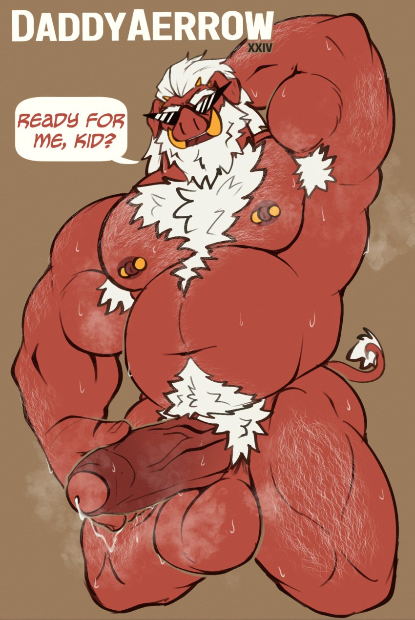 aereous anthro anthro_only arm_hair armpit_hair balls beard biceps big_daddy_(zenless_zone_zero) big_penis bodily_fluids body_hair chest_hair erect_penis erection facial_hair genital_fluids genitals hairy hairy_armpits hairy_chest hairy_male hand_on_penis male male_focus male_only mammal mature_anthro mature_male muscular muscular_anthro muscular_male musk musk_clouds nipple_piercing nipples nude older_anthro older_male pecs piercing precum red_body slightly_chubby solo solo_anthro solo_male suid suina sunglasses sus_(pig) sweat veiny_penis zenless_zone_zero