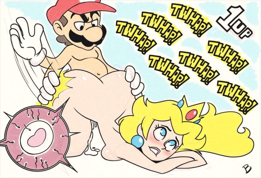 1boy 1female 1girls 1male biting_lip blushing cum_drip doggystyle female fertilization human_on_human human_only impregnation light-skinned_female light-skinned_male male male/female mario mario_(series) naked_female naked_male ovum princess_peach roger_bacon spanking sperm_meets_ovum straight