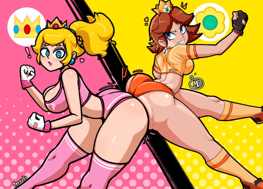 ass ass_focus ass_sandwich ass_to_ass backboob big_ass big_breasts booty butt_bump cleavage clothed collaboration female female_only mario_(series) mario_strikers mrbubbles5628 nintendo princess_daisy princess_peach revealing_clothes sideass tagme teasing yenvudu