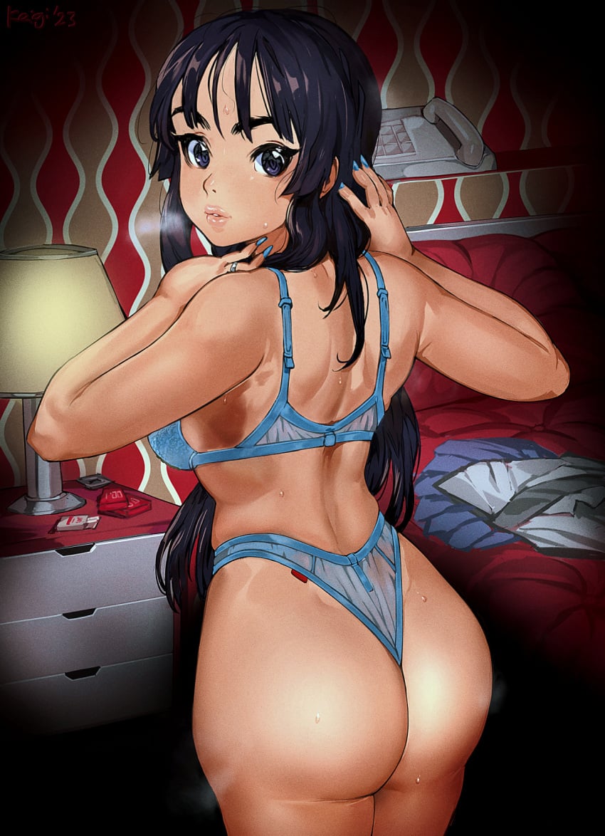 1girls aged_up ass bed black_hair blue_bra blue_nails blue_panties bra breasts clothes_on_bed clothing condom condom_wrapper dimples_of_venus fake_nails female fingernails hair_over_shoulder heavy_breathing highleg highleg_panties highres jewelry k-on! keigi keigi_(artist) legs_together lingerie lips long_fingernails long_hair looking_at_viewer looking_back love_hotel matching_underwear medium_breasts mio_akiyama_(k-on!) okamoto_condoms panties phone purple_eyes ring school_uniform solo standing sweat thong underwear underwear_only very_long_hair wedding_ring wide_hips