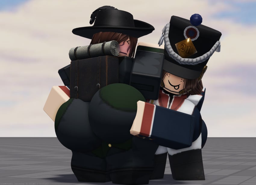 2girls 3d ass ass_focus ass_grab baseplate big_ass blood_and_iron bloxsknecht blush breasts brown_hair clothed clothing fat_ass female female_only female_soldier french french_female fully_clothed german german_female hand_on_ass hand_on_butt hat lesbian_couple military military_hat military_uniform napoleonic_empire roblox roblox_game robloxian shako_cap tight_clothing