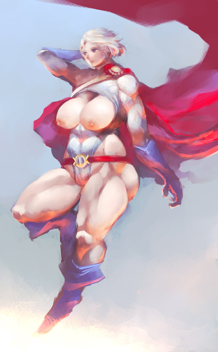 adjusting_hair belt big_breasts blonde_hair boots breasts brown_eyes cape dc female flying gloves homex kara_zor-l karen_starr leotard muscle muscular muscular_female nipples painting_(artwork) power_girl short_hair solo