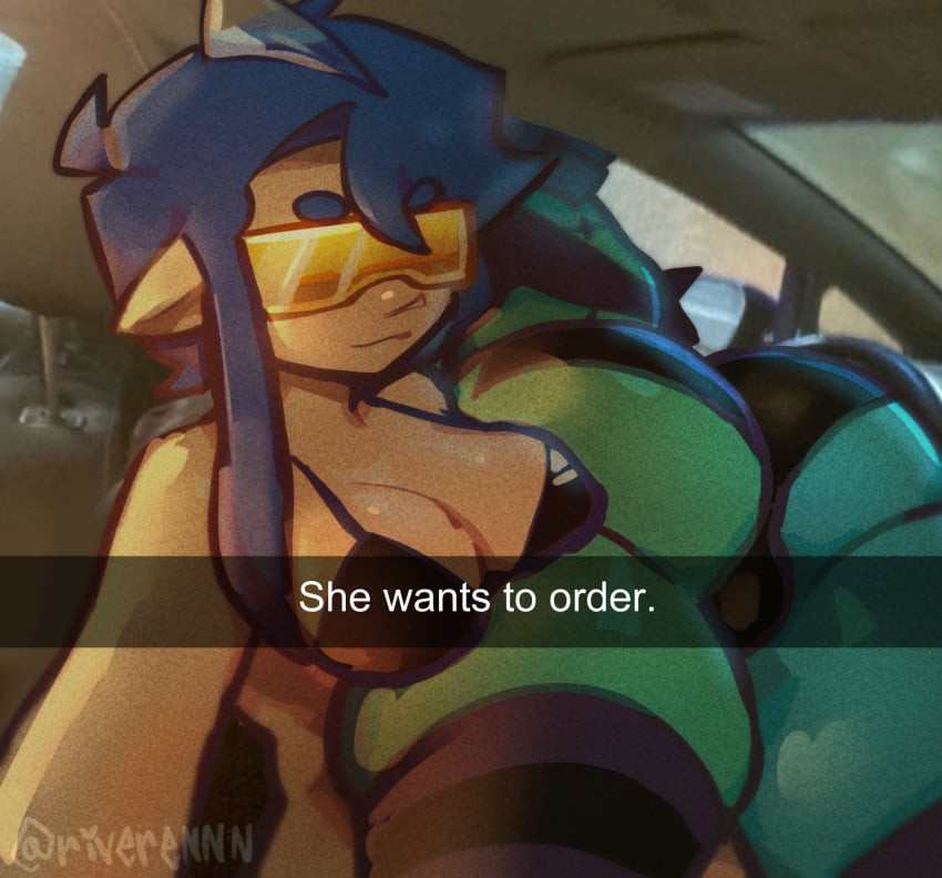 1femboy 1girls drive_thru faygo_(fayofins) female femboy goblin_girl green_skin pointy_chin river_(riveren) riveren tagme