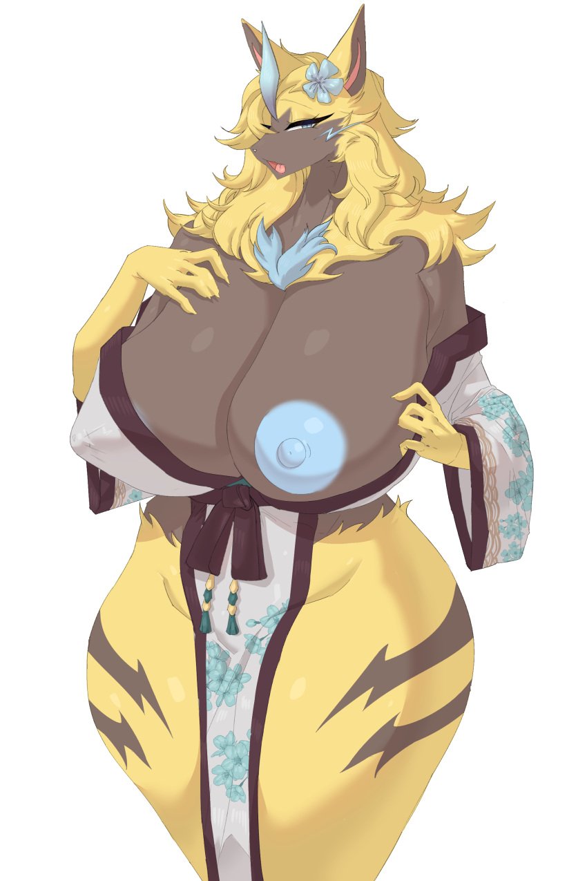 aurora_(nbanoob) big_breasts breasts cleavage durey female huge_breasts luvkemomilf nipples pokemon pokemon_(species) thick_thighs wide_hips zeraora