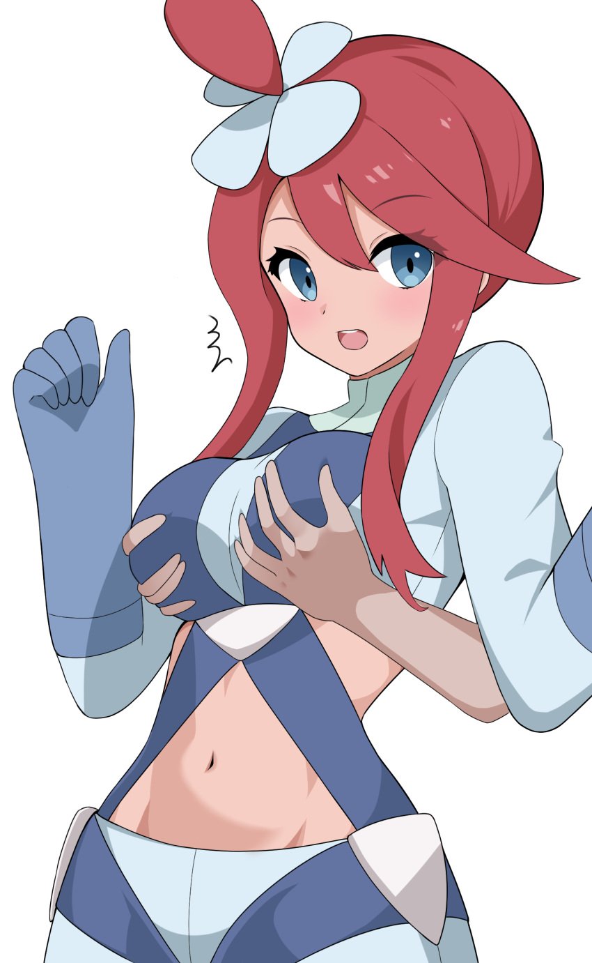 1girls :o big_breasts blue_eyes blush breast_grab breasts clanberry000 creatures_(company) cropped_jacket disembodied_hand game_freak gloves groping gym_leader hi_res looking_back midriff molestation navel nintendo open_mouth paid_reward_available pokemon pokemon_bw red_hair short_hair_with_long_locks short_shorts shorts sidelocks simple_background skyla_(pokemon) solo_focus suspenders topknot white_background