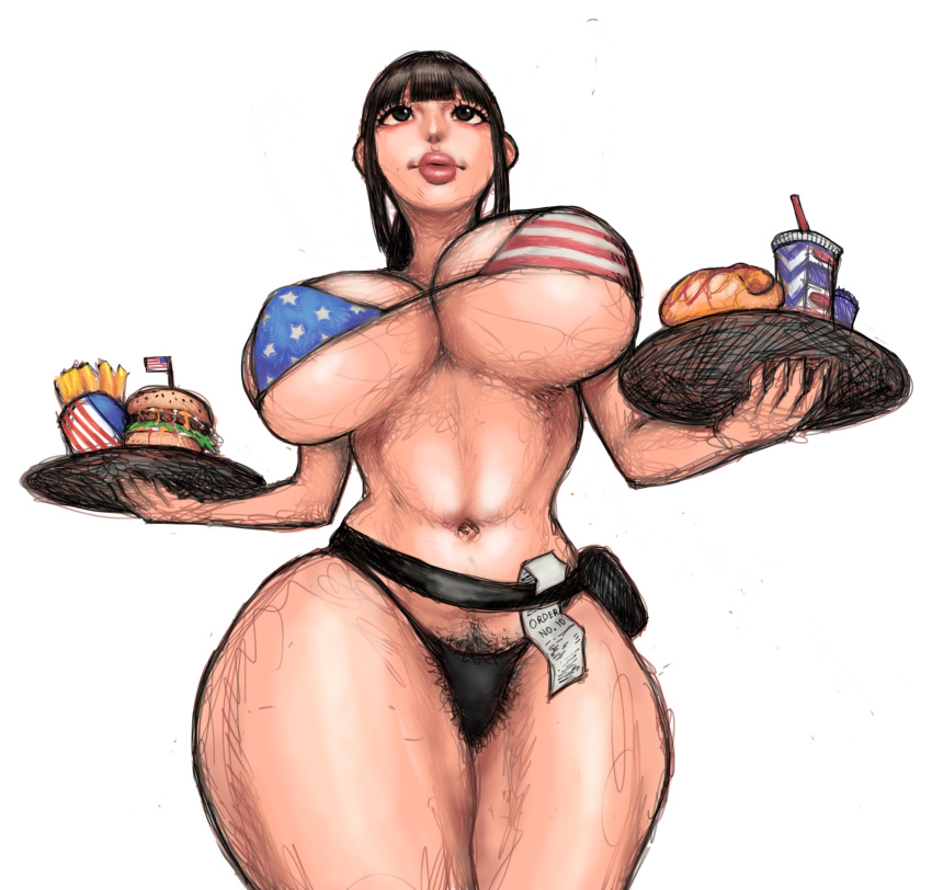 1girls american_flag_bikini asian_female bangs burger busty drink fries holding_object hotdog huge_breasts original_character plumperpass waitress