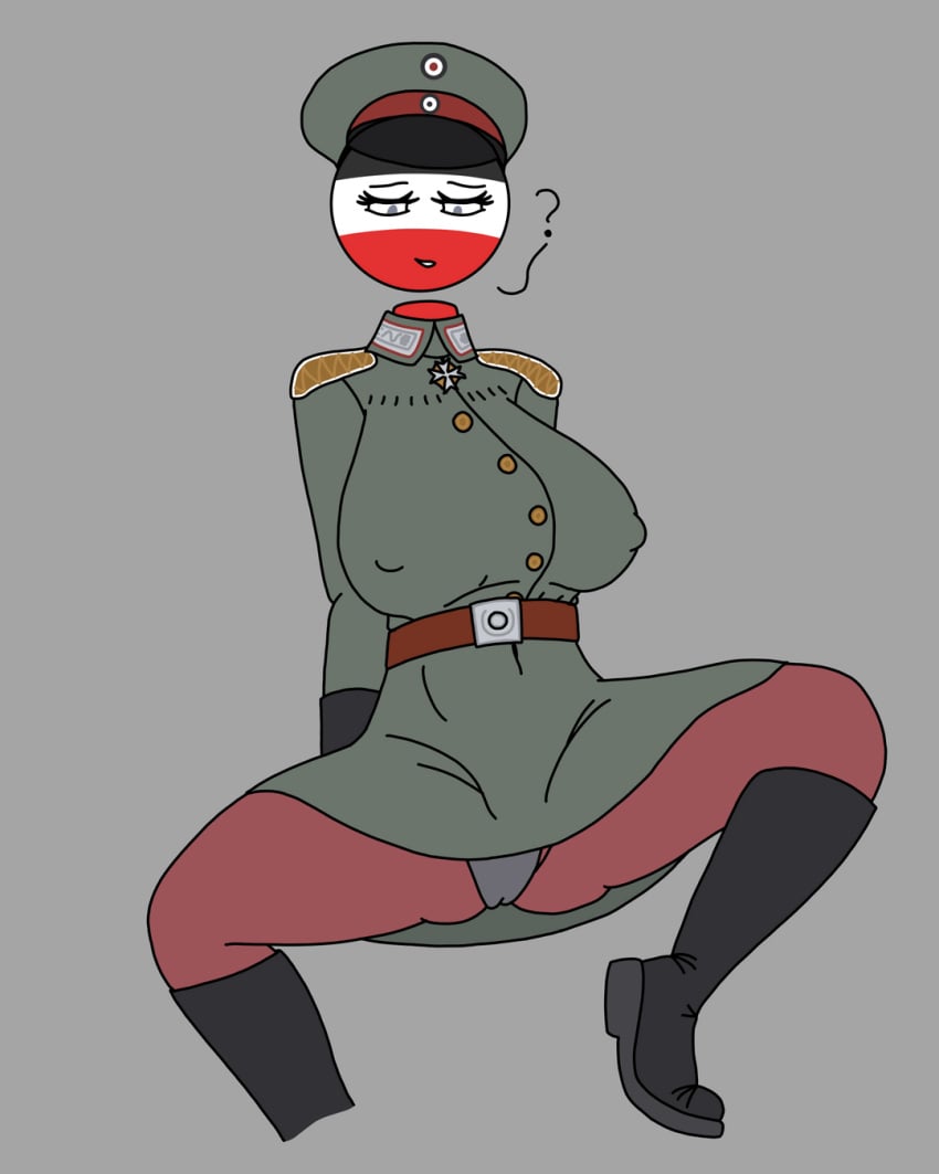 1girls belt cameltoe countryhumans countryhumans_girl female female_focus female_only german_empire_(countryhumans) germany_(countryhumans) legs_spread military_uniform naval_artist_(artist) nipples_visible_through_clothing panties red_skin