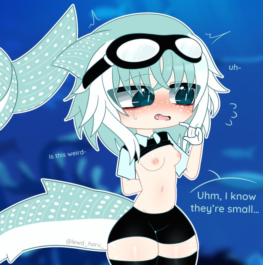 1girls blush gacha goggles_on_head lewd_haru_(artist) pear_shaped pear_shaped_female shark_girl shark_tail shirt_up small_breasts thick_thighs whale_shark