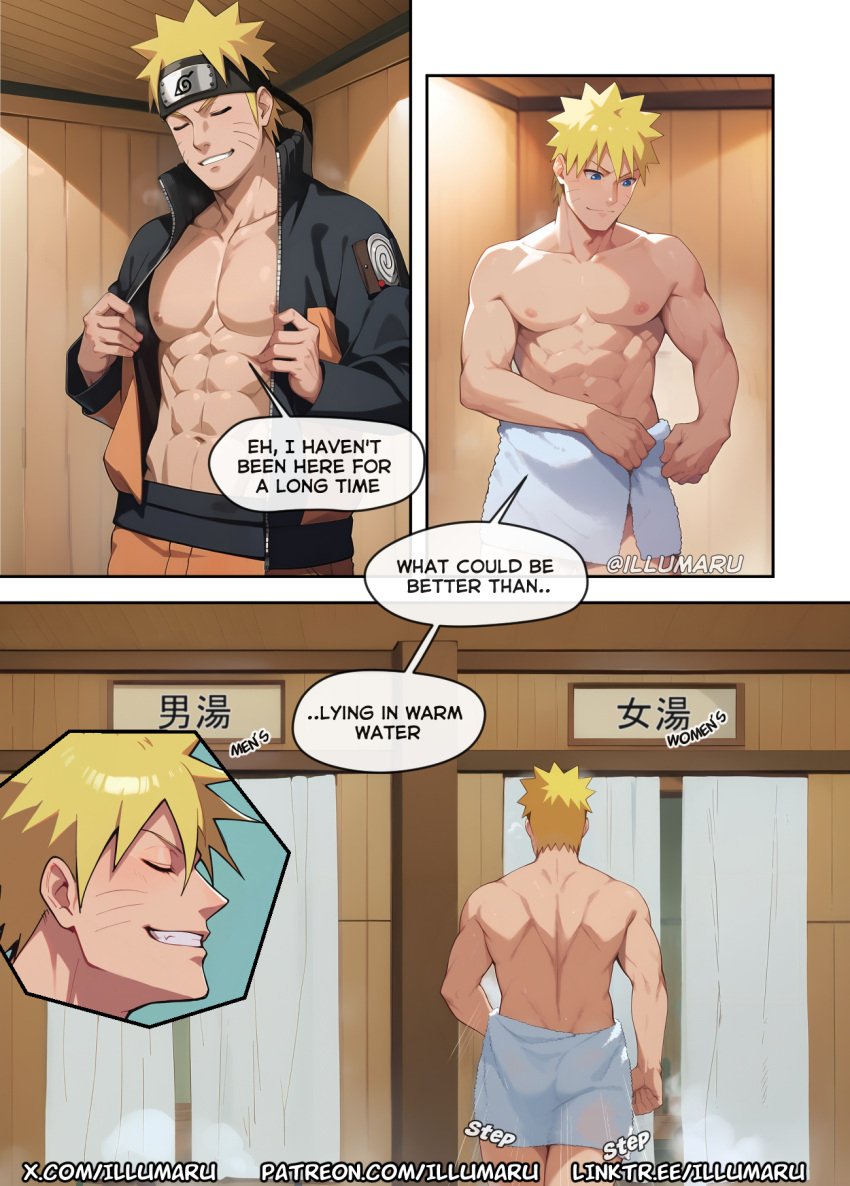 1boy 1girls 2024 abs ai_generated comic detailed doujinshi english_text hi_res hot hot_spring illumaru manga muscular muscular_male naruto naruto_(series) naruto_shippuden sound_effects stable_diffusion text towel undressed undressing uzumaki_naruto water webcomic