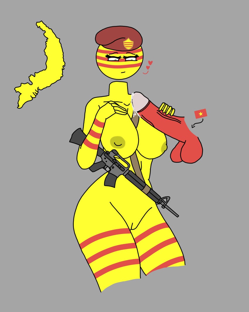 1boy 1girls beret big_breasts big_penis boobjob countryhumans countryhumans_girl disembodied_penis female gun male naked_female naval_artist_(artist) nipples penis pussy south_vietnam_(countryhumans) straight titfuck tits vietnam_(countryhumans)