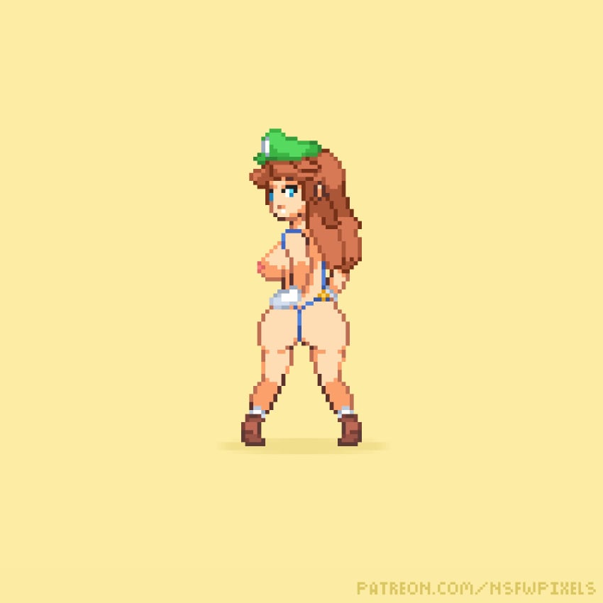 1girls animated ass bad_anatomy breasts brown_hair dat_ass female female_only gloves green_hat human long_hair looking_at_viewer looking_back luigi_(cosplay) mario_(series) nintendo nipple nsfwpixels pixel_art princess_daisy solo solo_female