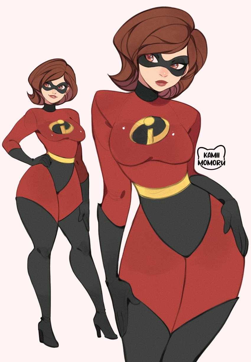 1girls arm_support artist_name ass bodysuit boots breasts brown_eyes brown_hair curvy domino_mask elastigirl female from_behind gloves helen_parr highres kamii_momoru large_breasts mask red_bodysuit shiny_clothes short_hair simple_background skin_tight solo standing superhero_costume sweat the_incredibles thick_thighs thigh_boots thighhighs thighs thong wide_hips