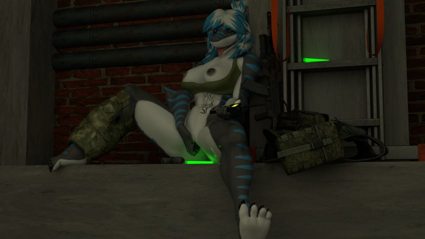 anthro breasts breasts_out clothed gun leaning_back looking_down looking_pleasured masturbation medium_breasts military military_uniform nika_sharkeh object_insertion office_depot(artist) pants pants_down penetration pussy ranged_weapon shark sitting vaginal_penetration warfare_machine