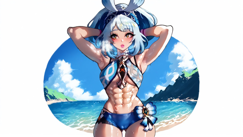 ai_generated beach blush genshin_impact hoyoverse mihoyo mualani_(genshin_impact) sea stable_diffusion sunny sweat tagme tagme_(artist) thiccwithaq_(ai_style) tremble_spikes