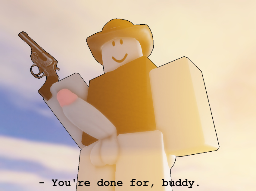 1boy 3d cock_out dialogue dingus english_text gun holding_revolver hunter_(dingus) male_only roblox roblox_game robloxian robloxyaoi7 self_upload solo_male tagme text