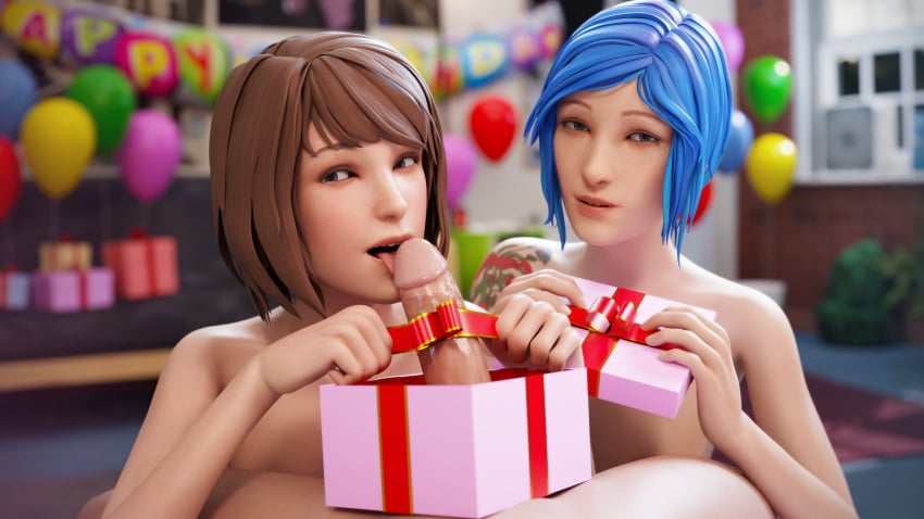 1boy 2girls 3d blowjob blue_eyes blue_hair brown_hair chloe_price fellatio female gift human koomer licking_penis licking_tip life_is_strange looking_at_viewer male max_caulfield multiple_girls nude oral penis