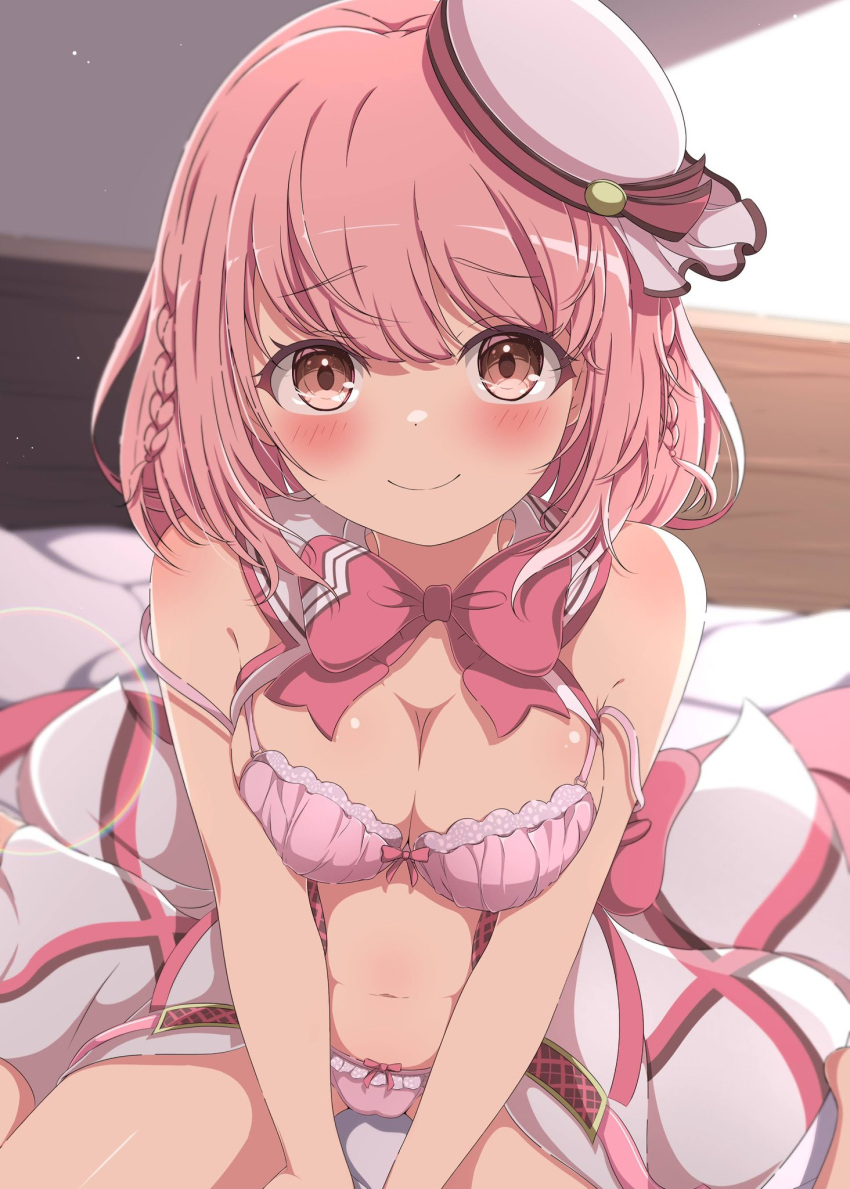 blush bowtie braided_hair brown_eyes cameltoe closed_mouth frills hands_between_thighs hat hat_ribbon hoshizaki_akari lace_trim large_breasts lingerie medium_hair on_bed ongeki pink_hair pink_lingerie ready_to_fuck sega smile wariza white_headwear