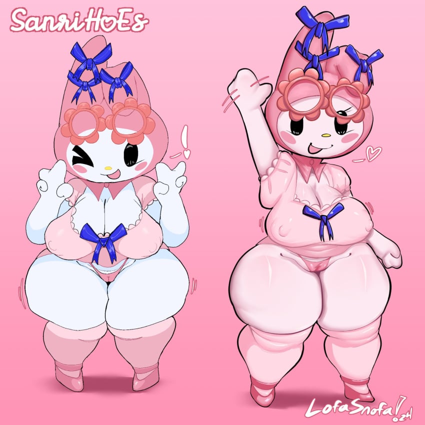 1girls anthro big_breasts cleavage double_peace_sign female female_only lofasnofa looking_at_viewer my_melody nipples nipples_visible_through_clothing onegai_my_melody panties peace_sign rabbit sanrio solo solo_female thick_thighs white_body wink