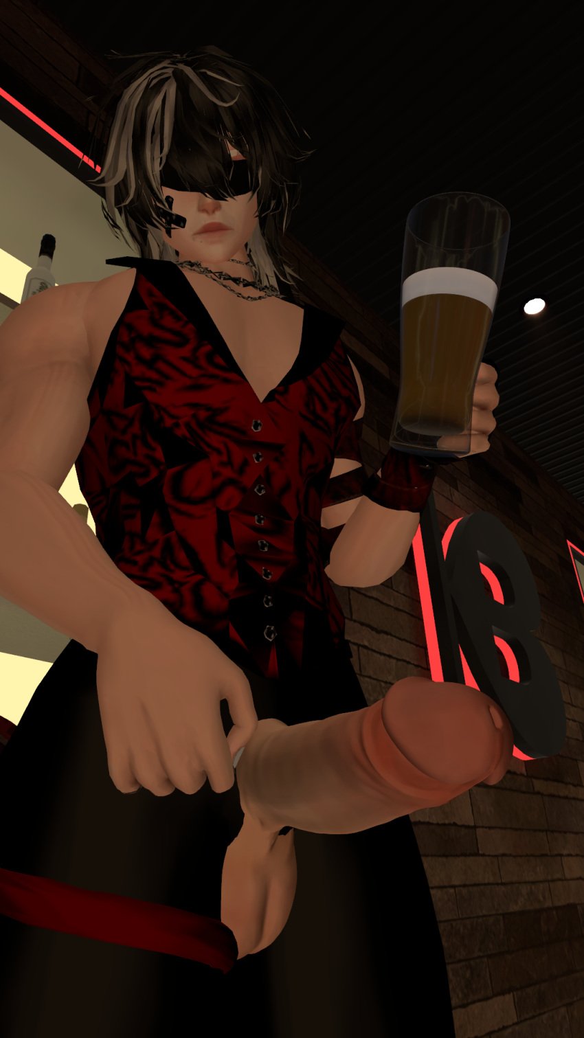 bartender big big_penis black_hair cock_out cock_out_of_pants holding_beer pulled_by_self vrchat vrchat_avatar white_hair