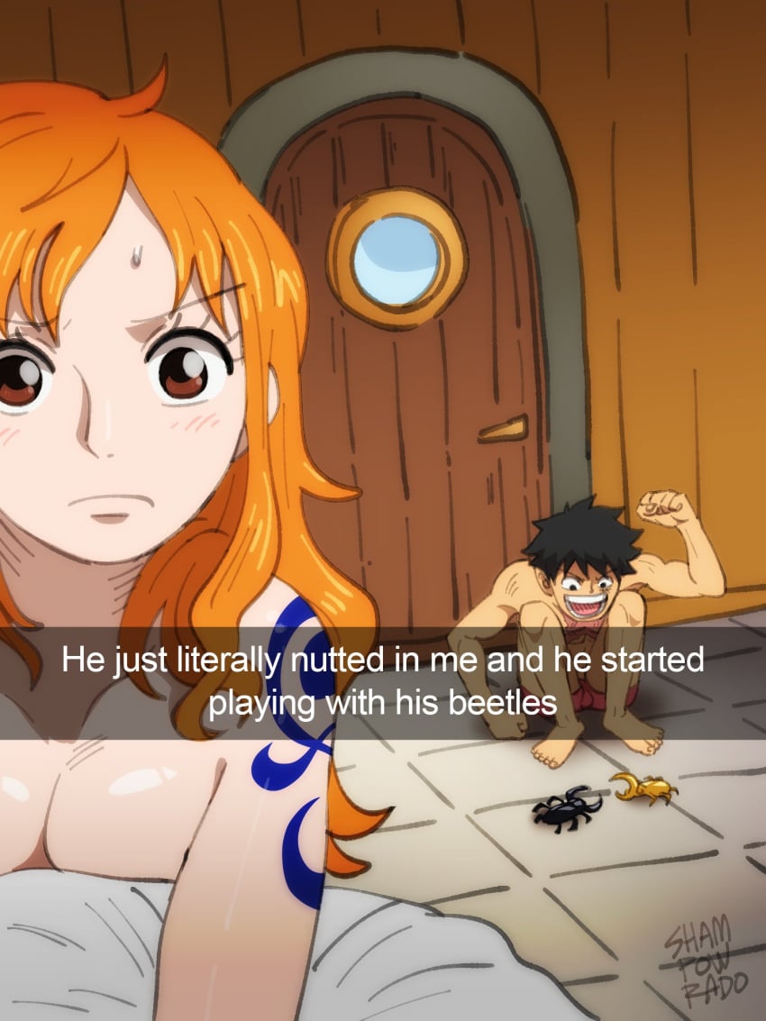 1boy 1boy1girl 1girls after_sex artist_signature bed bed_sheet bedroom beetle black_hair breasts covering_breasts female he_literally_just_nutted_in_me_(meme) indoors insects long_hair male meme monkey_d_luffy nami one_piece orange_hair selfie shampowrado short_hair snapchat topless