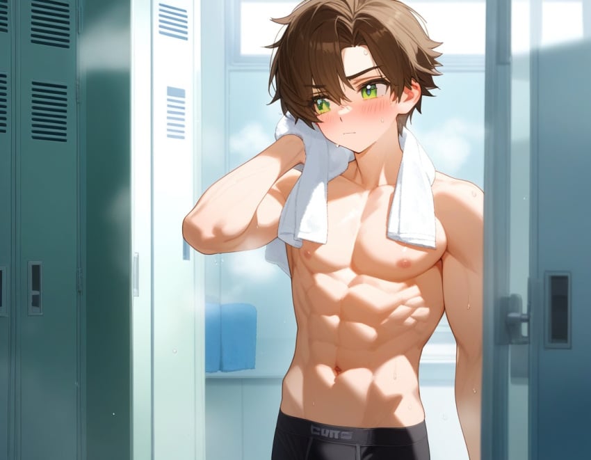 1boy after_bath after_bathing after_shower ai_eyes ai_generated bishonen black_boxer_briefs black_boxers blossomtea blush blush_lines boxers boxers_(clothing) brown_eyebrows brown_hair dot_nose eyebrows eyebrows_visible_through_hair genderswap_(ftm) green_eyes highlights_(coloring) kivotosxl_(model) light_blush locker_room lockers mai_shishikusa masa_works_design midriff navel nipples oni_to_kitsune_no_hanashi rule_63 self_upload shiny shiny_hair shiny_skin short_hair slightly_muscular slightly_muscular_male solo solo_male steam topless topless_male towel towel_around_neck wet wet_body wet_skin yodayo