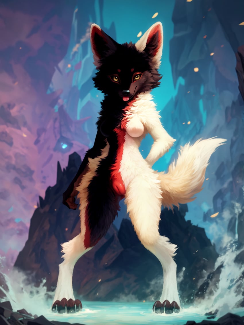 abstract_background ai_generated amber_eyes anthro big_ears black_body black_fur black_nose blep blp blurred_background breasts canid canine cheek_tuft circle_eyebrows detailed detailed_fur digitigrade ears_up eyebrows facial_tuft female fluffy_fur fox front_view fur genitals glistening glistening_eyes glistening_genitalia hand_behind_back hi_res hybrid inner_ear_fluff light lighting looking_at_viewer mammal multicolored_body multicolored_fur paws peach_pussy pink_pussy plump_labia pussy red_body red_fur rock small_breasts smile solo solo_focus standing tongue tongue_out tuft water white_body white_fur wide_stance