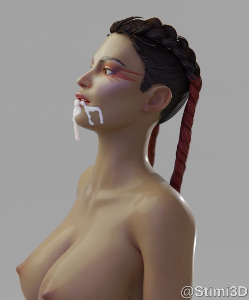 apex_legends big_breasts black_hair braided_hair brazilian brazilian_female brown_eyes cum cum_in_mouth female_only furrowed_brow leaking_cum loba loba_(apex_legends) makeup naked nipples oiled_skin overflow perky_breasts red_hair stimi3d tan_skin