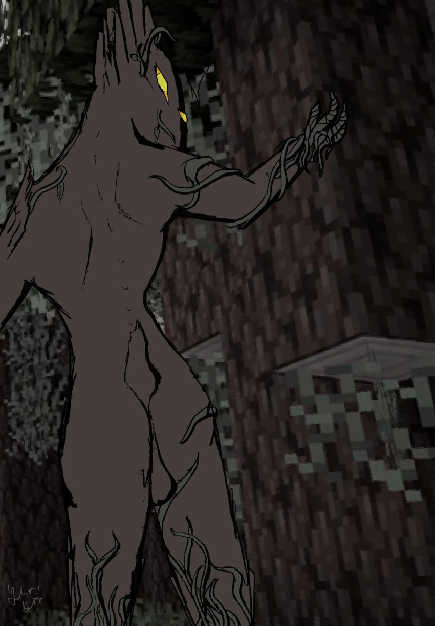 anthro anus backsack balls barely_visible_anus forest genitals hi_res leaf looking_away male male_only microsoft minecraft mojang outside plant rear_view solo standing tail the_creaking_(minecraft) tree vines xbox_game_studios yellow_eyes yhr'ytr