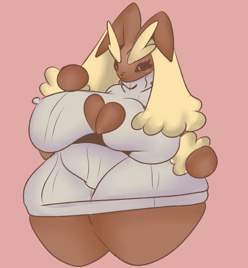 2d absurd_res ameliemercedez animal_humanoid big_breasts blush cleavage_cutout clothing cutout female fur fur_breasts fur_thick_thighs furry generation_4_pokemon hi_res huge_breasts long_ears lopunny nintendo overweight pokemon pokemon_(species) red_eyes solo sweater topwear