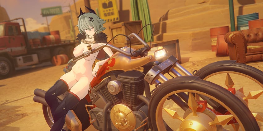 bike boots breasts breasts_out caesar_king cape desert edit female female_focus female_only half_naked motorcycle nipples pussy sofa solo third-party_edit vehicle zenless_zone_zero