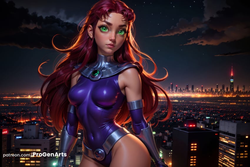 1girls ai_generated artist_name boomerang_(tv_network) breasts cartoon_network city cityscape cloud covered_navel dc dc_comics elbow_gloves gloves green_eyes hi_res highleg highleg_leotard koriand&#039;r leotard lips long_hair looking_at_viewer medium_breasts night night_sky orange_skin outdoors progenarts red_hair sky solo star_\(sky\) starfire starry_sky superhero superheroine teen_titans warner_brothers watermark web_address