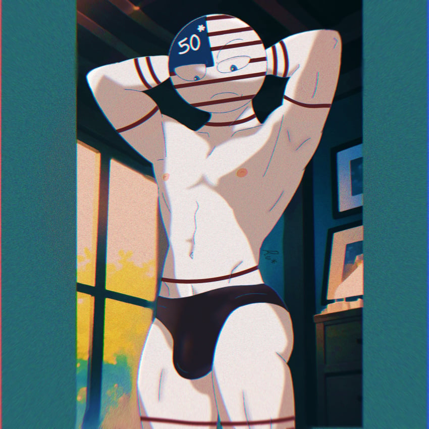 american_flag bald blue_eyes countryhumans male male_focus male_only solo solo_male solo_male stripes stripes_(marking) swimwear united_states_of_america_(countryhumans)