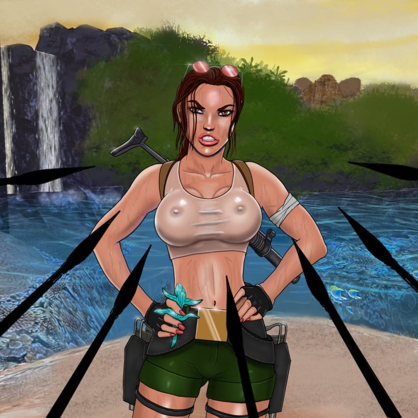 2d 2d_(artwork) angry angry_expression angry_face areolae athletic athletic_female auburn_hair bare_midriff big_breasts braid breasts brown_eyes busty cleavage crop_top female female_focus female_only fingerless_gloves fit fit_female hands_on_hips hourglass_figure lara_croft lara_croft_(classic) lipstick long_hair mascara nail_polish navel nipples outdoors outside see-through see-through_clothing short_shorts shorts sunglasses sunglasses_on_head tagme tomb_raider tribal tribal_male tribesman vistavista55 wet wet_body wet_clothes wet_skin wide_hips