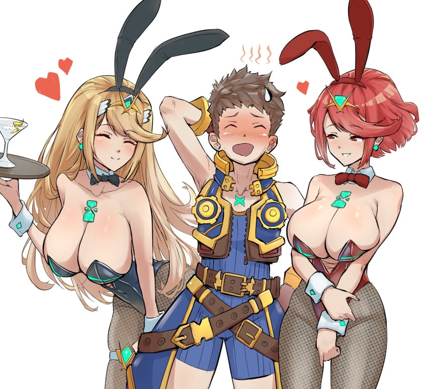 1boy 2girls alternate_costume blonde_hair breasts female male mythra nintendo pyra rex_(xenoblade) short_hair spicycurryart xenoblade_(series) xenoblade_chronicles_2