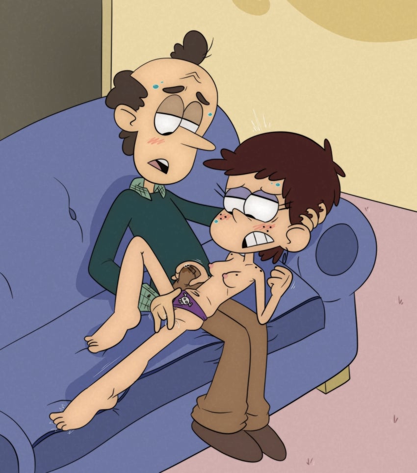 1boy1girl age_difference belly_button blush breasts bulge_through_clothing clenched_teeth couch earring eyeshadow father_and_daughter fingering freckles freckles_on_breasts freckles_on_face hand_on_penis incest luna_loud lynn_loud_sr. nickelodeon nicktoons nipples on_lap panties pussy_juice short_hair the_loud_house