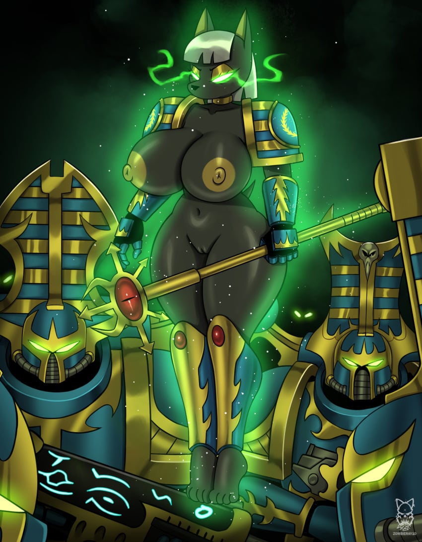 2024 ambiguous_gender anthro anubian_jackal armor big_breasts black_body black_fur breasts canid canine canis chaos_(warhammer) chaos_space_marine clothing collar exposure_variation female female_space_marine fur gauntlets genitals gloves glowing glowing_eyes green_eyes group hair handwear hi_res holding_object holding_staff human jackal mammal nipple_dip nipples princess_anubis_(zombieray10) pussy rubric_marine rule_63 staff thick_thighs thousand_sons unconvincing_armor warhammer_(franchise) warhammer_40k white_hair wide_hips zombieray10