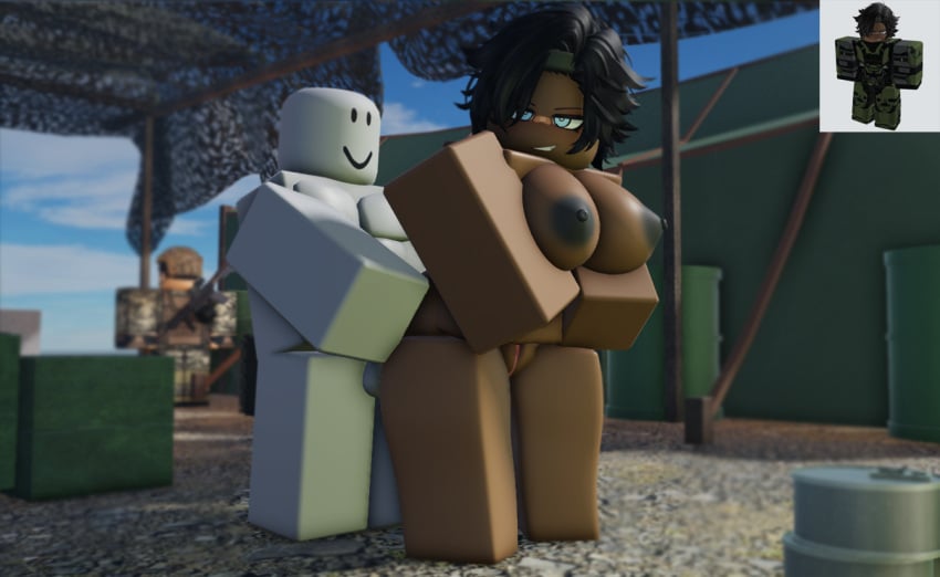 1boy 1girls 3d army army_girl army_uniform big_ass big_breasts black_hair blue_eyes dark_skin dummy_(roblox) grabbing_ass grabbing_from_behind halo halo_(series) military ninjashyper2 nude original_character public public_sex reference_image roblox roblox_avatar robloxian self_upload short_hair spartan_(halo) squeezing_breast tiffany_b254_(nvx) tomboy