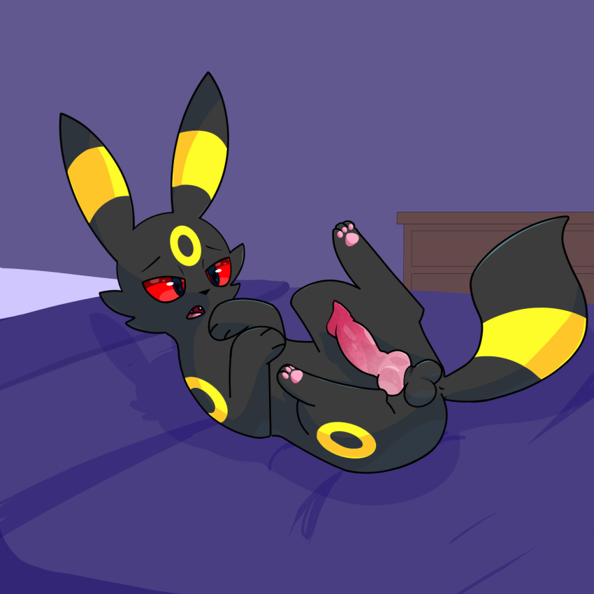 animal_genitalia animal_penis black_body eeveelution feral generation_2_pokemon genitals hair hi_res letacosalad lying male markings multicolored_hair nintendo on_back penis pokemon pokemon_(species) quadruped red_sclera solo umbreon yellow_markings