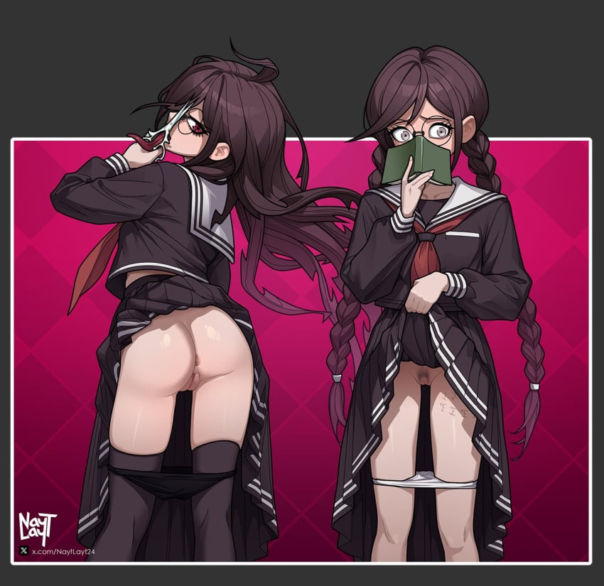 anus ass black_hair black_shirt black_skirt body_writing book braid clothes_lift danganronpa danganronpa:_trigger_happy_havoc danganronpa_(series) feet_out_of_frame female female_pubic_hair fukawa_toko fukawa_touko gradient_background highres holding holding_book holding_scissors long_tongue messy_hair nayt_layt neckerchief open_book panties panty_pull pubic_hair pussy sailor_collar school_uniform scissors shirt skirt skirt_lift thighhighs tongue tongue_out twin_braids twintails underwear