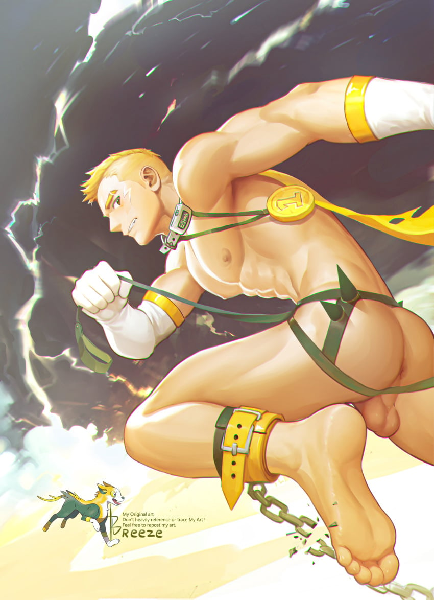 1boy abs absurdres anus artist_name ass bara blonde_hair boltund breezem18 commentary completely_nude elbow_gloves english_commentary eyebrow_cut feet gloves highres looking_back male_focus medal nipples nude pectorals personification pokemon reference_inset running short_hair solo testicles toned toned_male