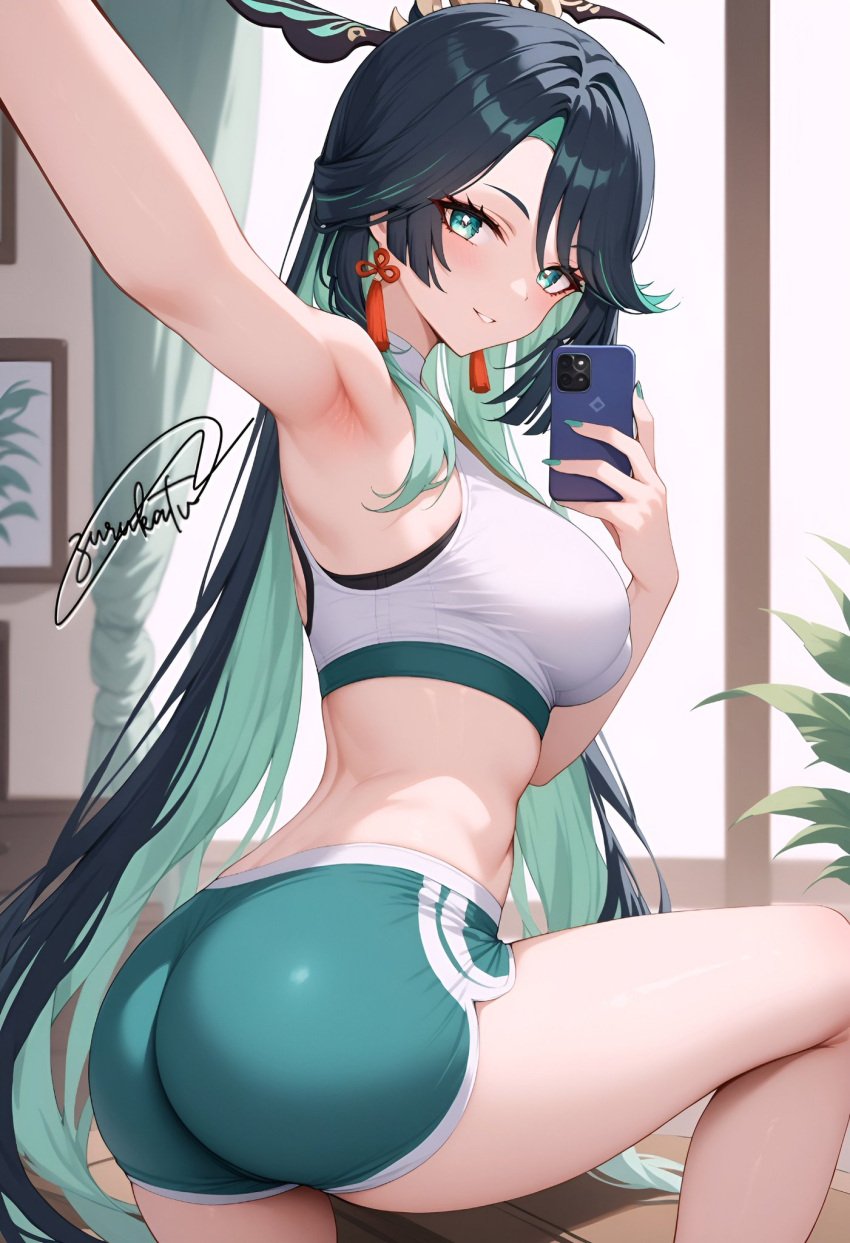 ai_generated alternate_costume ass bare_shoulders black_hair breasts bubble_butt buruma cellphone female from_behind genshin_impact green_eyes green_hair liyue_girls long_hair looking_at_viewer looking_back medium_breasts multicolored_hair parted_lips selfie shiny shiny_clothes shiny_hair shiny_skin sideboob sitting smile solo very_long_hair xianyun_(genshin_impact) zurukatv