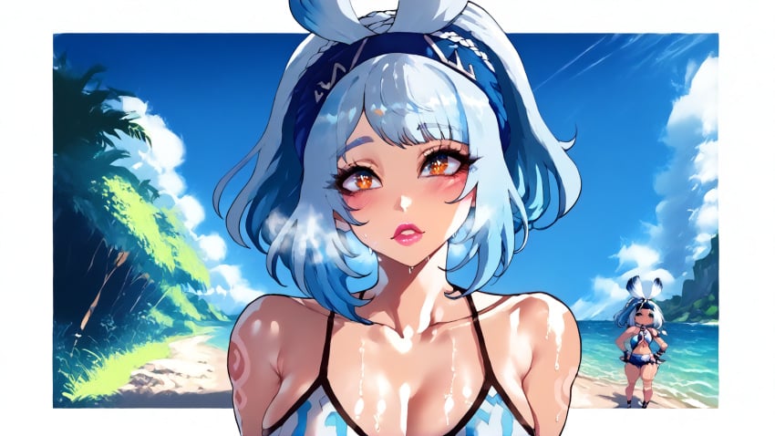 ai_generated beach blush genshin_impact hoyoverse mihoyo mualani_(genshin_impact) sea stable_diffusion sunny sweat tagme tagme_(artist) thiccwithaq_(ai_style) tremble_spikes