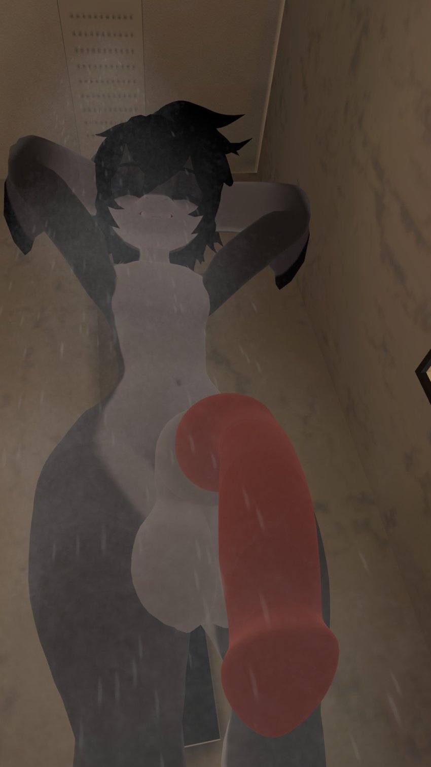 big_balls cock_out in_shower long_cock sabrean thick_thighs vrchat vrchat_avatar washing_hair