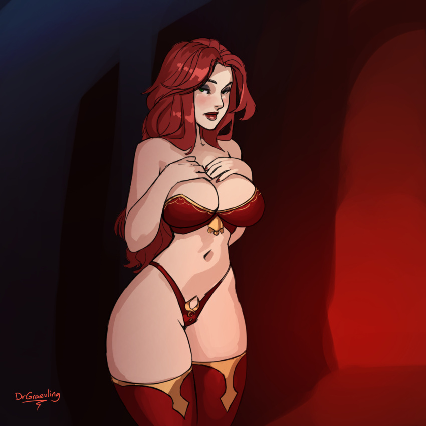 1girls bra dr_graevling female female_only legwear lingerie long_hair looking_at_viewer narrowed_eyes red_bra red_hair red_legwear red_lipstick red_panties solo thick_thighs thong