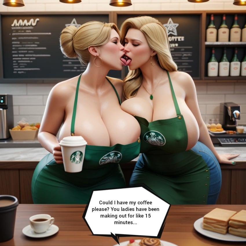 2girls ai_generated barista big_ass big_breasts cleavage coffee french_kiss huge_ass huge_breasts kissing mamaguevin poor_guy_he_just_wants_his_coffee pov speech_bubble starbucks text text_bubble yuri