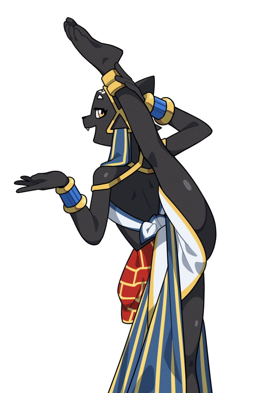 1girls 2023 ass backless_outfit black_body egyptian_clothes fangs feline female female_only furry furry_only half-closed_eyes hazel_eyes leg_split looking_at_viewer looking_back_at_viewer nulia open_mouth simple_background spread_legs stretching tarahe yiff