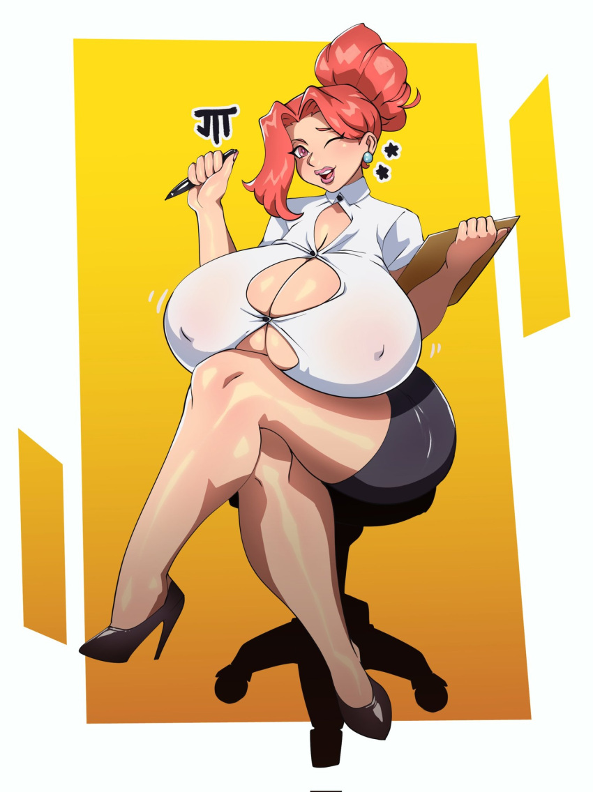 1girls 2023 2d big_breasts breasts button_down_shirt button_gap chair cleavage clipboard clothed clothing collared_shirt color crossed_legs daisy_(moxaji) earrings female female_only footwear hi_res high_heels holding_object huge_breasts jtt_artz large_breasts legs looking_at_viewer nipple_bulge office_chair office_lady one_eye_closed open_mouth open_smile original pen red_hair shoes sitting smile solo solo_female thick_thighs thighs tied_hair tight_clothing wink winking_at_viewer